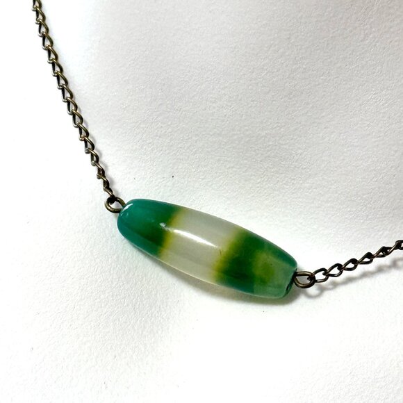 2/$20, Green Agate Short Necklace, Large Gemstone Bar Pendant & Bronze Chain - Picture 1 of 11